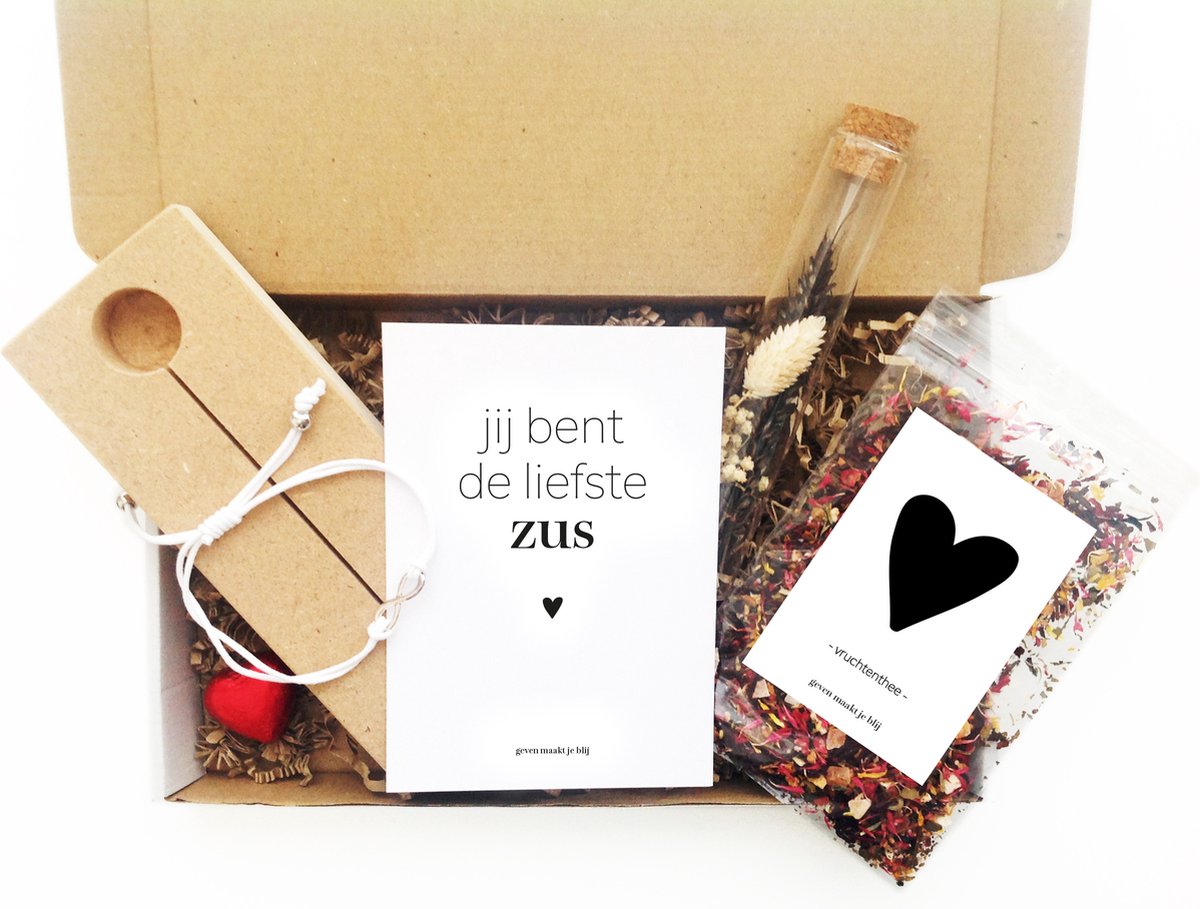 Cadeaupakket jij bent de liefste zus | brievenbus | memory shelf met droogbloemen | infinity armbandje | thee